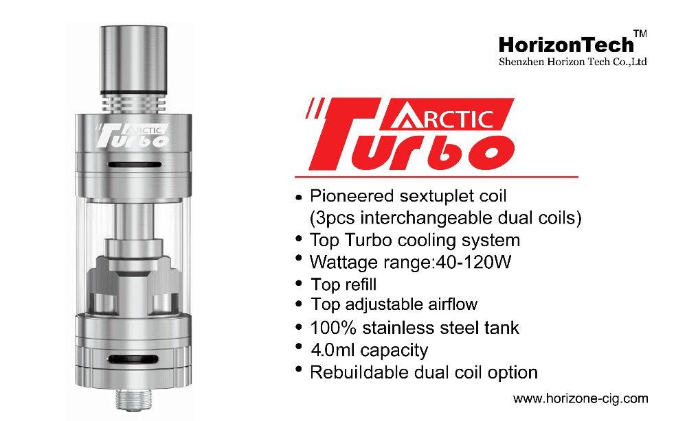 Turbo-charge your vape with the Arctic Turbo Sub Ohm Tank. Its innovative Sextuple coil design and turbine will provide you the thickest and richest clouds you have ever seen.