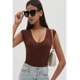 CHYRII Womens Sexy Summer V Neck Bodysuit Tops  Sleeve Going Out Top Coffee Large