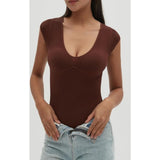 CHYRII Womens Sexy Summer V Neck Bodysuit Tops  Sleeve Going Out Top Coffee Large