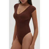 CHYRII Womens Sexy Summer V Neck Bodysuit Tops  Sleeve Going Out Top Coffee Large