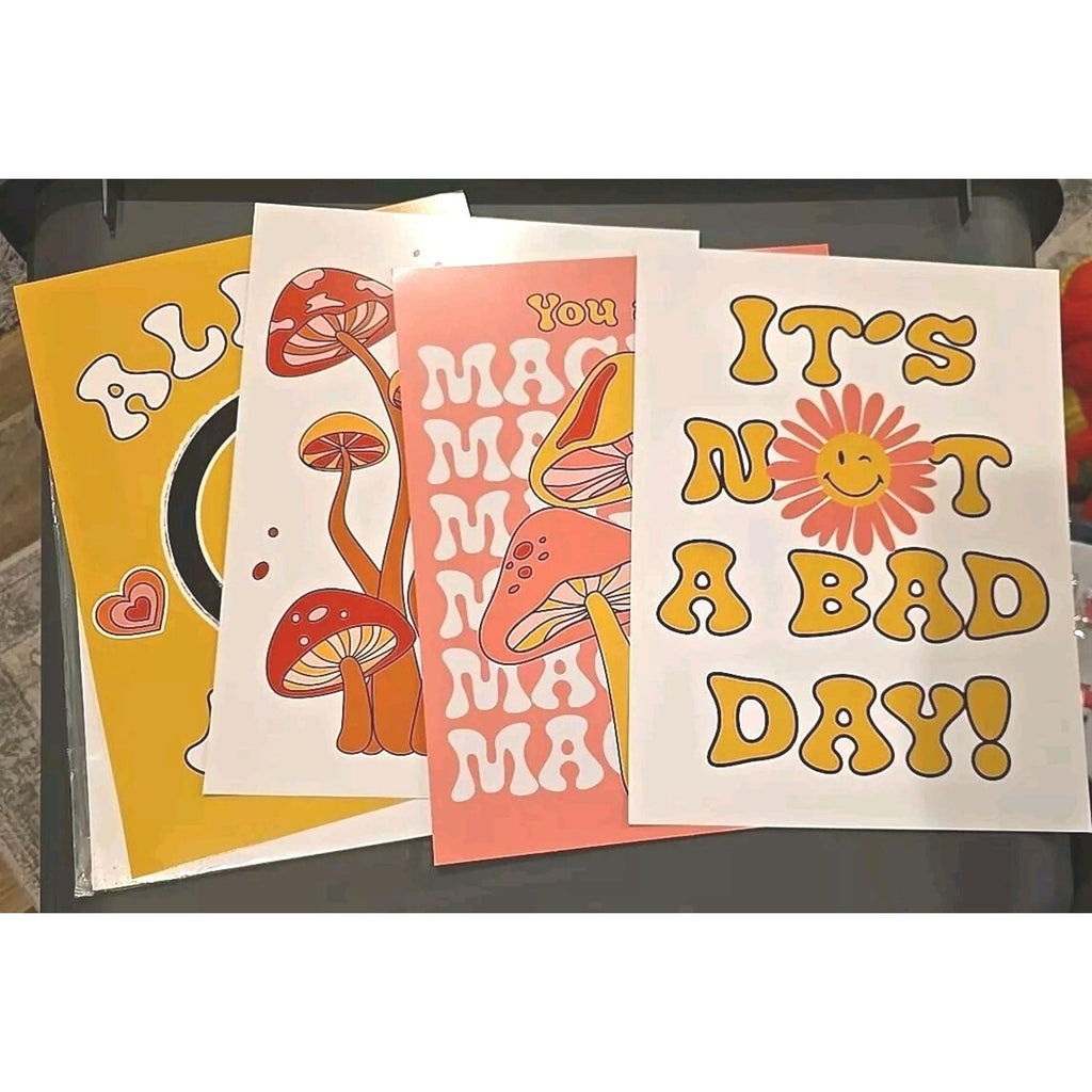 L & O Goods Hippy Mushroom FUN ART PRINTS DECOR SET OF 4 UNFRAMED- NEW 8 X 10