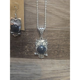 12701 Adorable Perched Owl Necklace And Earring Set SILVER AND Black Gift Set