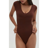 CHYRII Womens Sexy Summer V Neck Bodysuit Tops  Sleeve Going Out Top Coffee Large