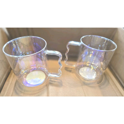 13069 2 Piece Glass Mugs- Clear Iridescent - 3.82”H x 4.49”W - NEW Handle Design