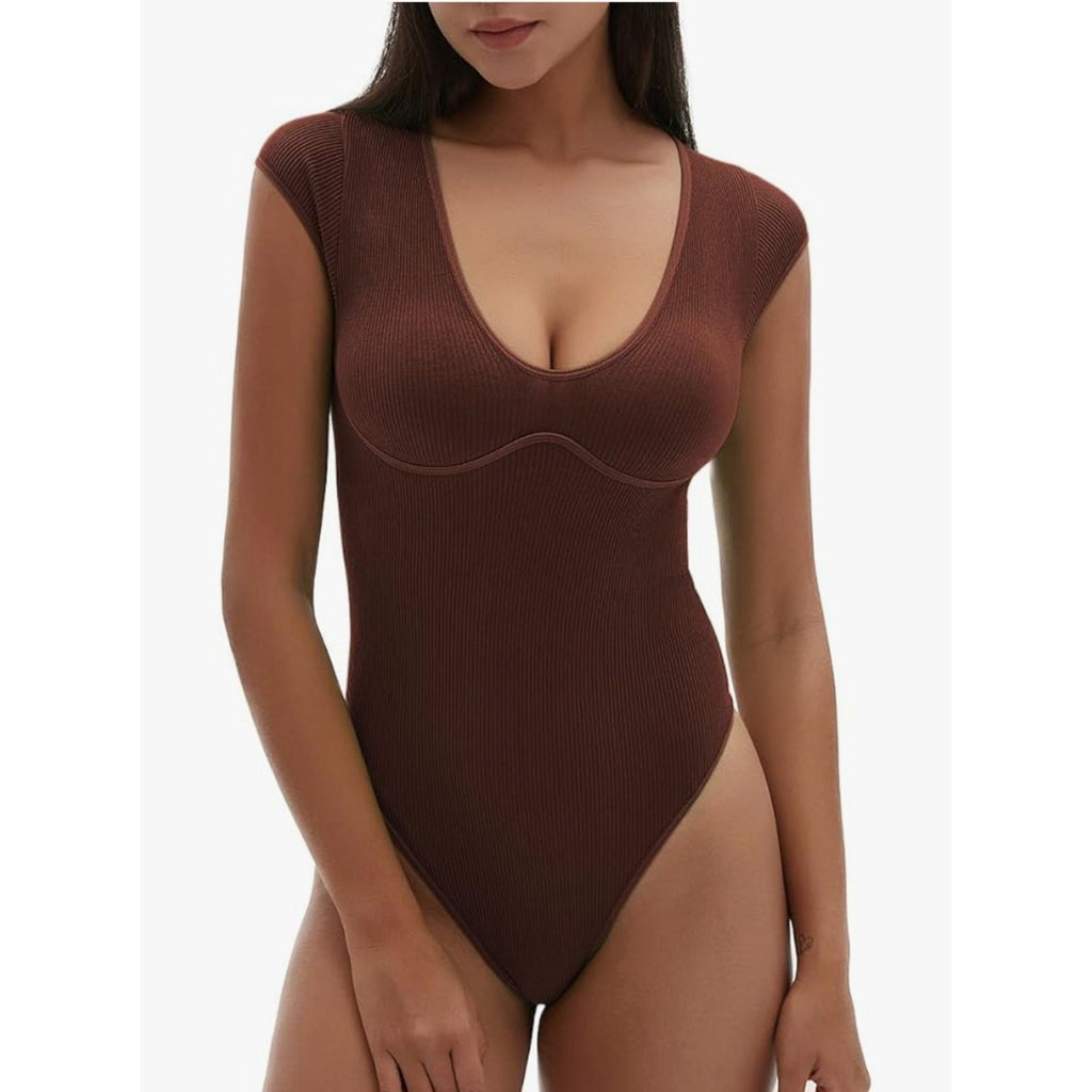 CHYRII Womens Sexy Summer V Neck Bodysuit Tops  Sleeve Going Out Top Coffee Large
