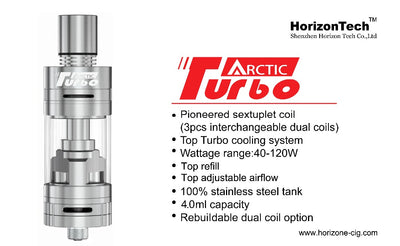 Turbo-charge your vape with the Arctic Turbo Sub Ohm Tank. Its innovative Sextuple coil design and turbine will provide you the thickest and richest clouds you have ever seen.